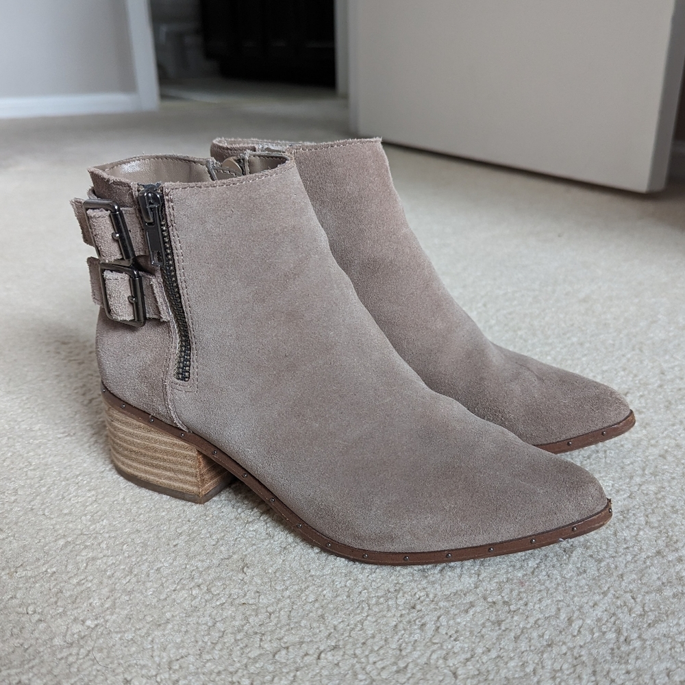 Taupe Suede Ankle Booties with Buckle Detail